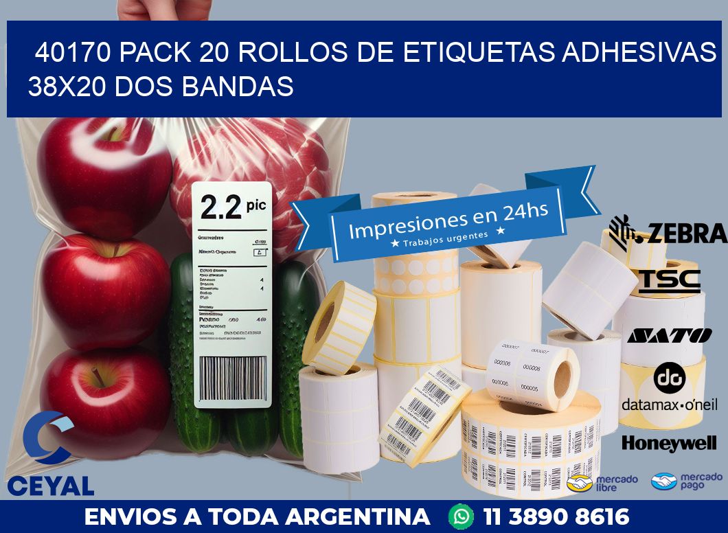 40170 PACK 20 ROLLOS DE ETIQUETAS ADHESIVAS 38X20 DOS BANDAS