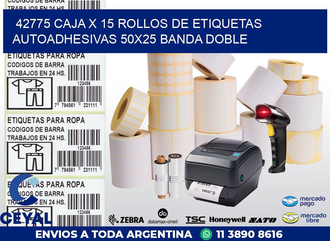 42775 CAJA X 15 ROLLOS DE ETIQUETAS AUTOADHESIVAS 50X25 BANDA DOBLE
