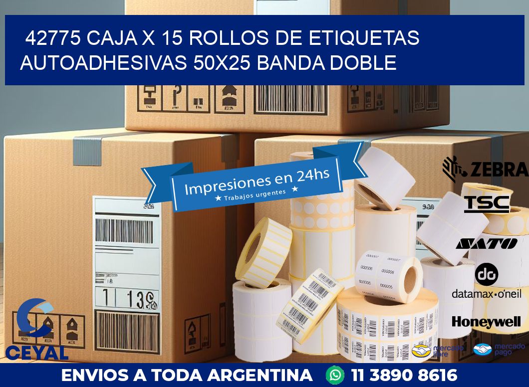 42775 CAJA X 15 ROLLOS DE ETIQUETAS AUTOADHESIVAS 50X25 BANDA DOBLE