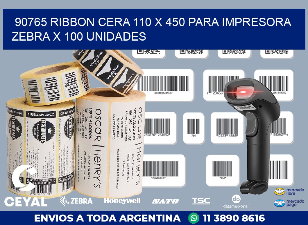 90765 RIBBON CERA 110 X 450 PARA IMPRESORA ZEBRA X 100 UNIDADES