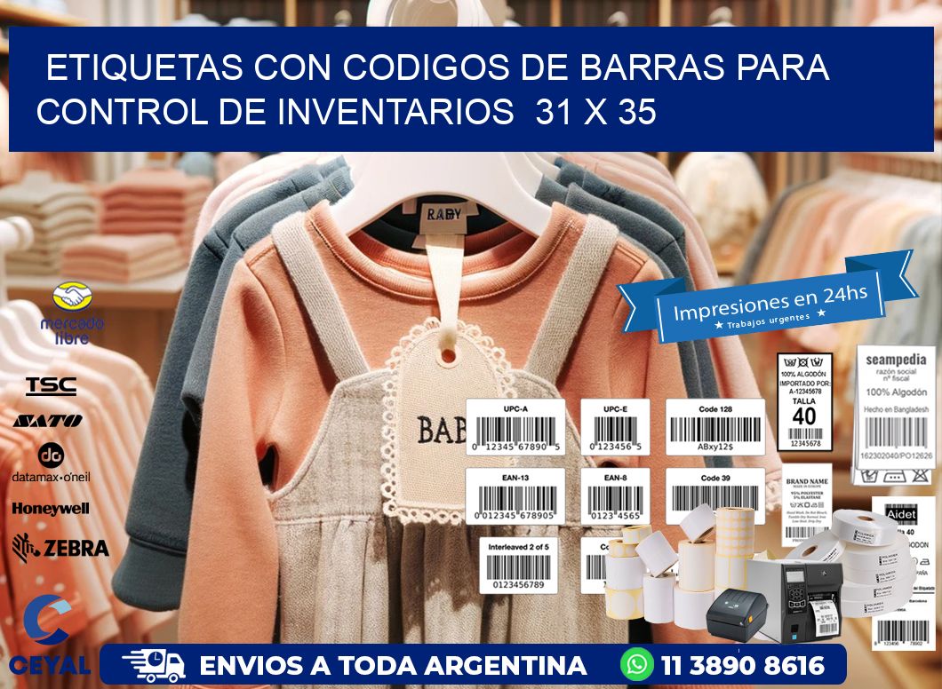 Etiquetas con Codigos de Barras para Control de Inventarios  31 x 35