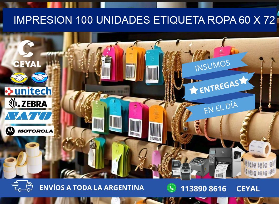 IMPRESION 100 UNIDADES ETIQUETA ROPA 60 x 72