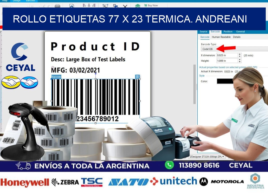 Rollo etiquetas 77 x 23 termica. Andreani