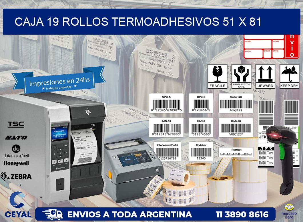 CAJA 19 ROLLOS TERMOADHESIVOS 51 x 81