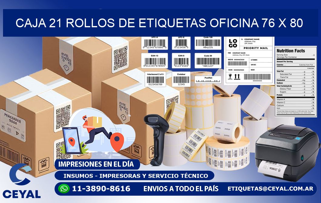 CAJA 21 ROLLOS DE ETIQUETAS OFICINA 76 x 80