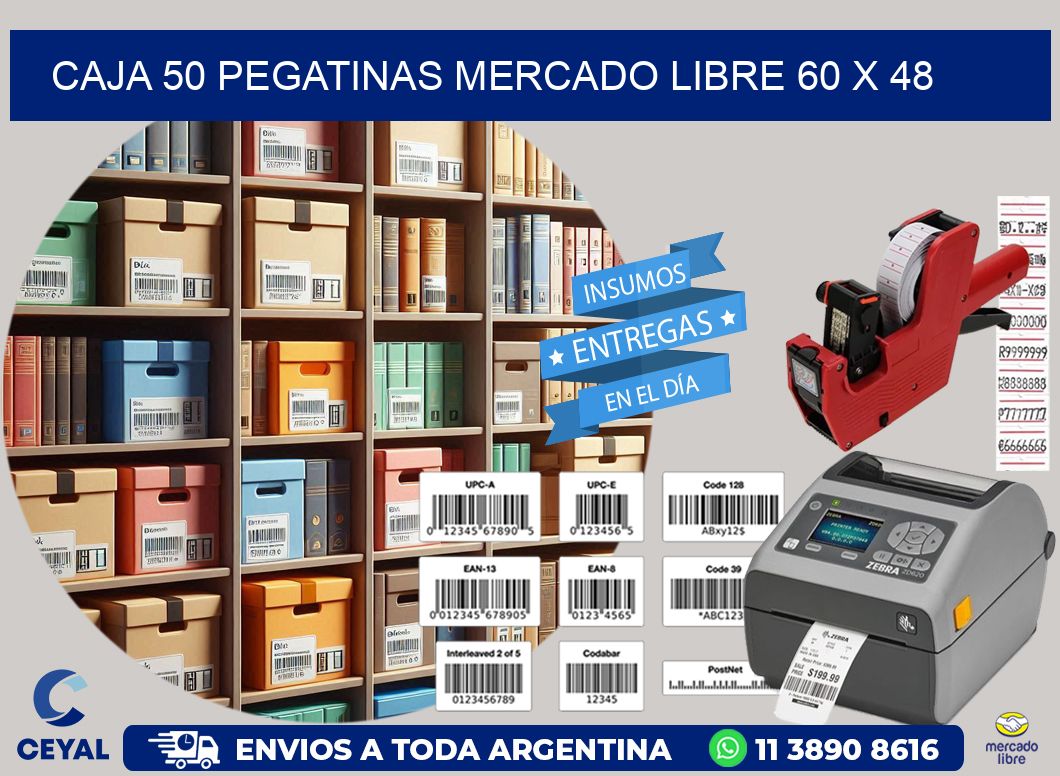CAJA 50 PEGATINAS MERCADO LIBRE 60 x 48