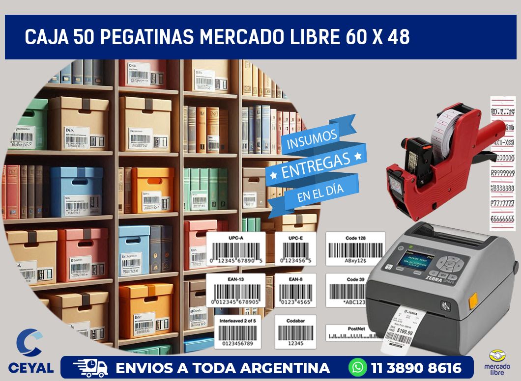 CAJA 50 PEGATINAS MERCADO LIBRE 60 x 48