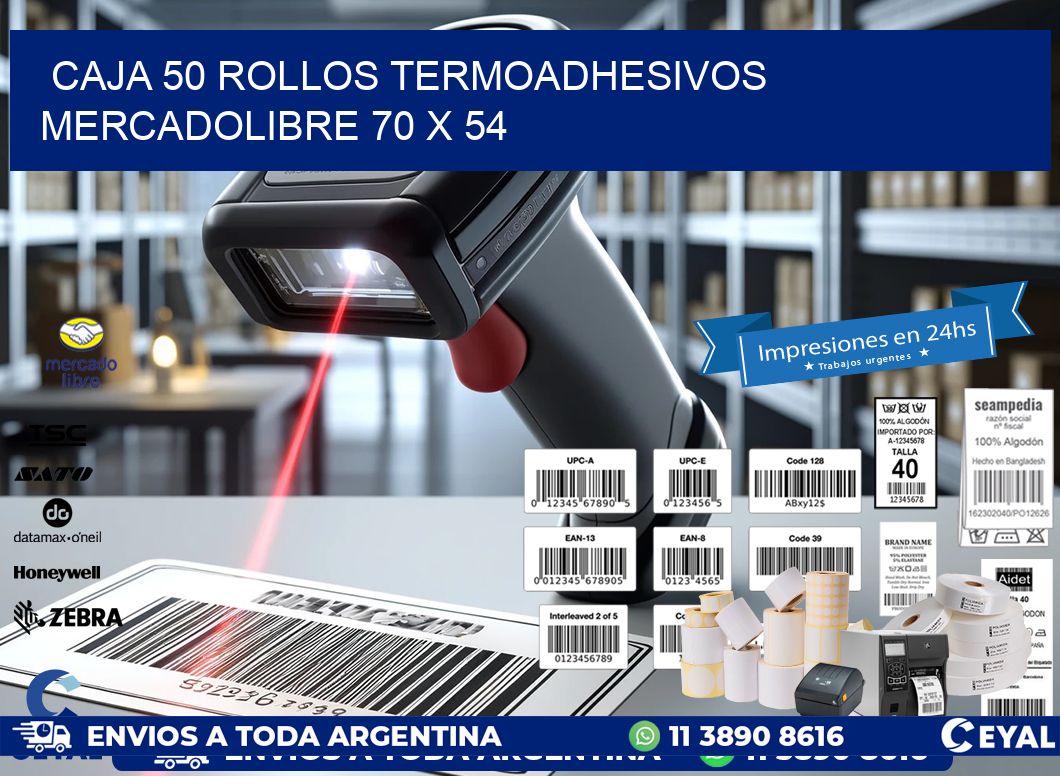 CAJA 50 ROLLOS TERMOADHESIVOS MERCADOLIBRE 70 x 54