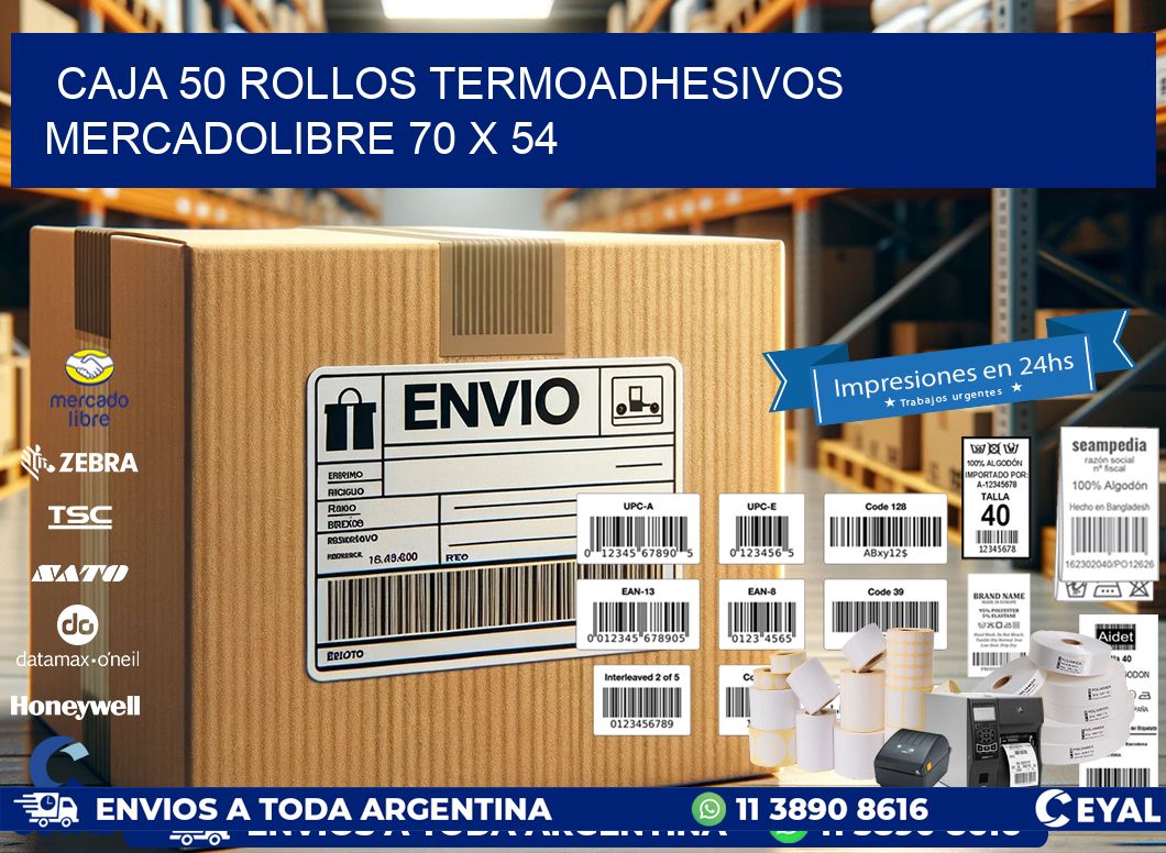 CAJA 50 ROLLOS TERMOADHESIVOS MERCADOLIBRE 70 x 54