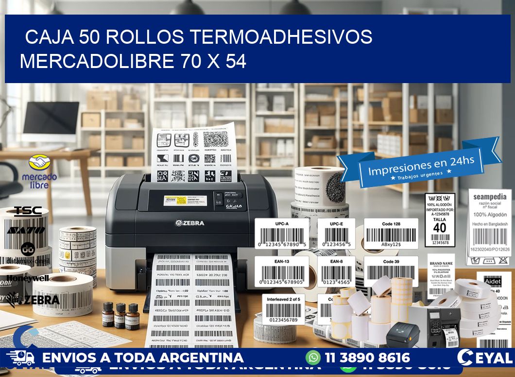 CAJA 50 ROLLOS TERMOADHESIVOS MERCADOLIBRE 70 x 54