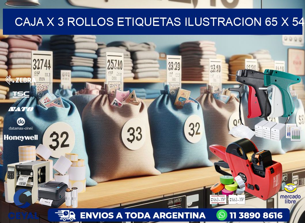 Caja X 3 Rollos Etiquetas Ilustracion 65 x 54