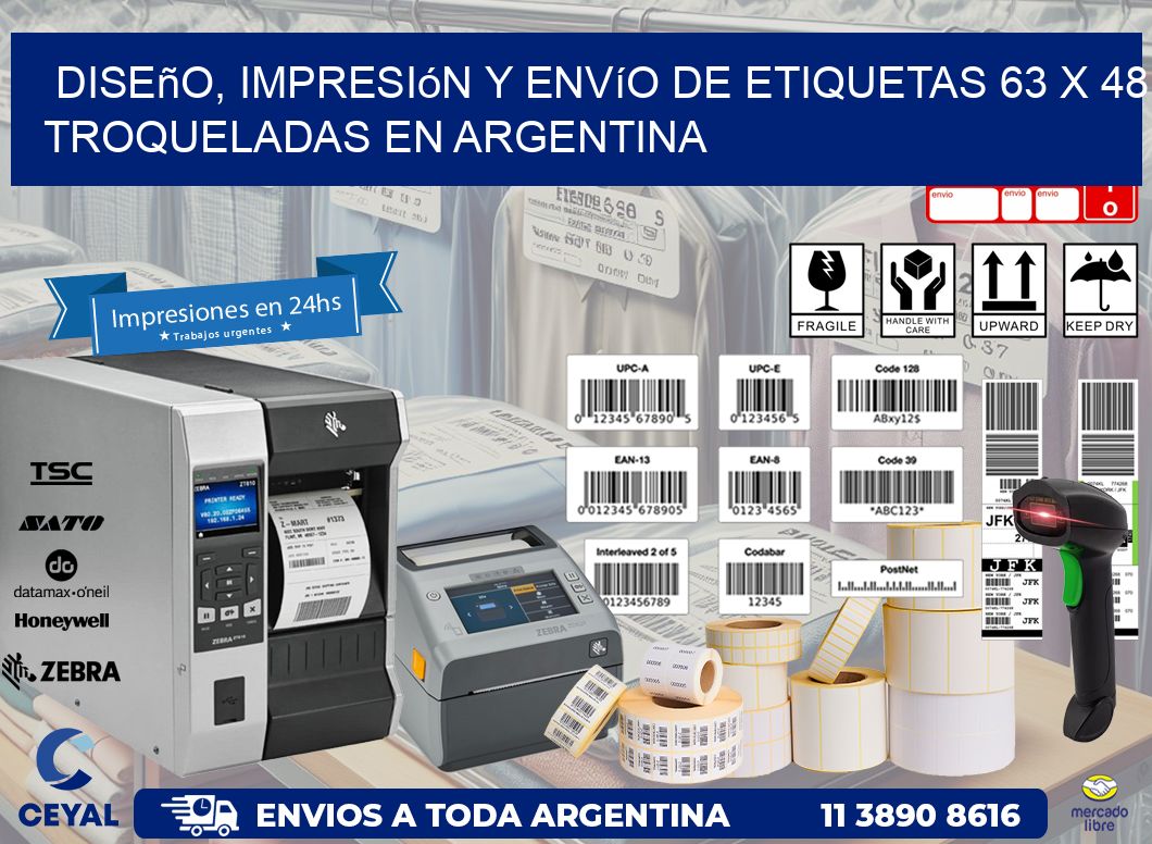 Diseño, impresión y envío de etiquetas 63 x 48 troqueladas en Argentina