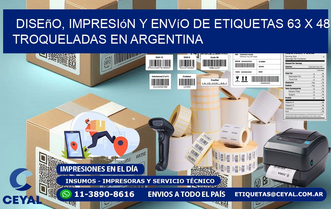 Diseño, impresión y envío de etiquetas 63 x 48 troqueladas en Argentina