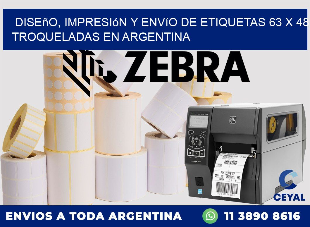 Diseño, impresión y envío de etiquetas 63 x 48 troqueladas en Argentina