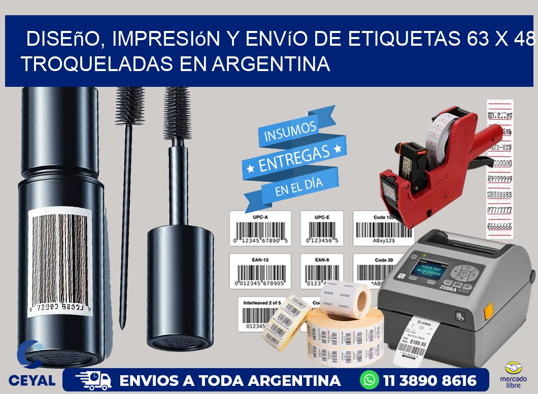Diseño, impresión y envío de etiquetas 63 x 48 troqueladas en Argentina