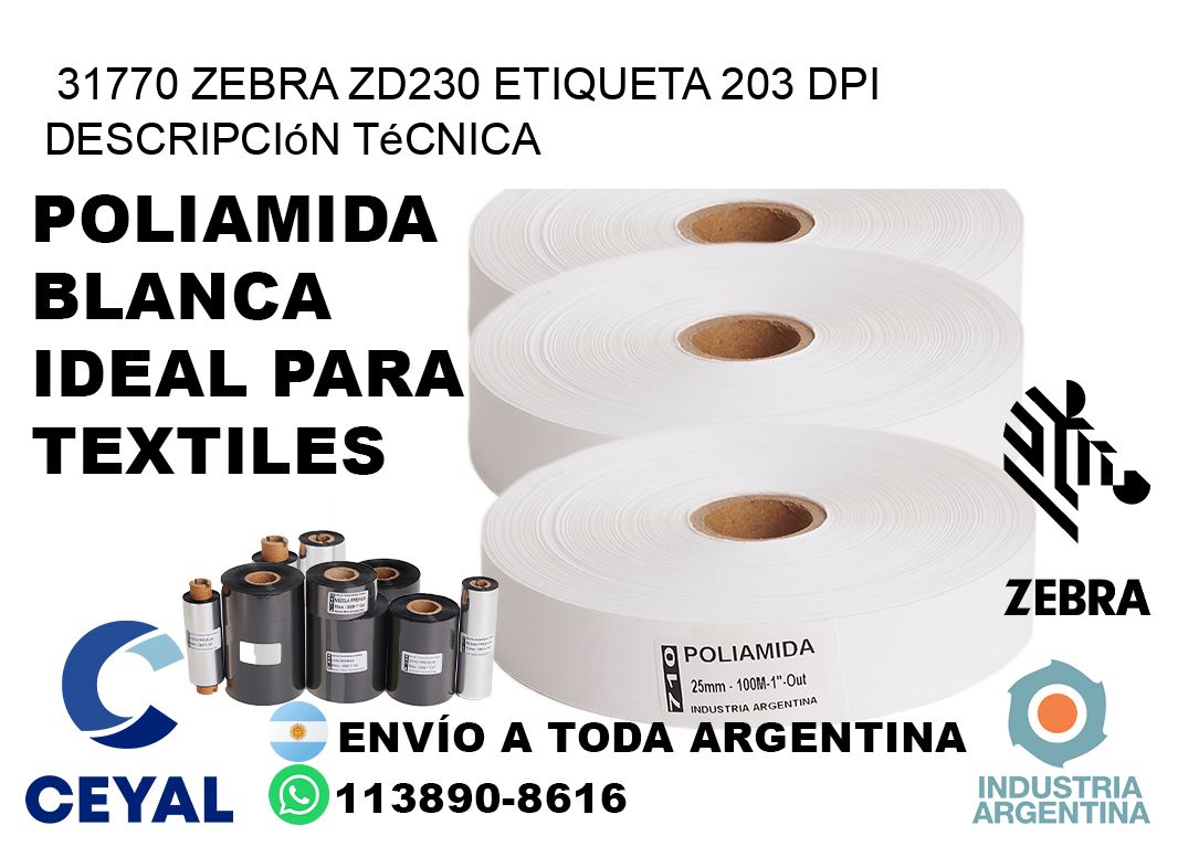 31770 Zebra ZD230 etiqueta 203 dpi descripción técnica