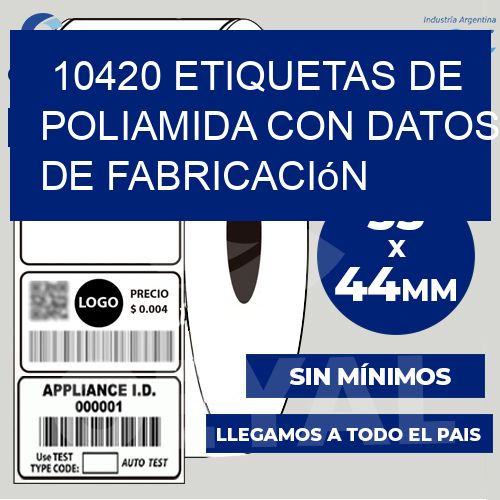 10420 Etiquetas de poliamida con datos de fabricación