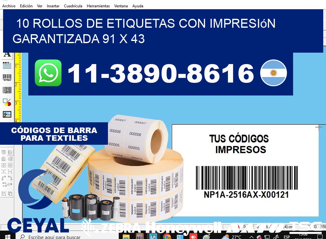 10 rollos de etiquetas con impresión garantizada 91 x 43