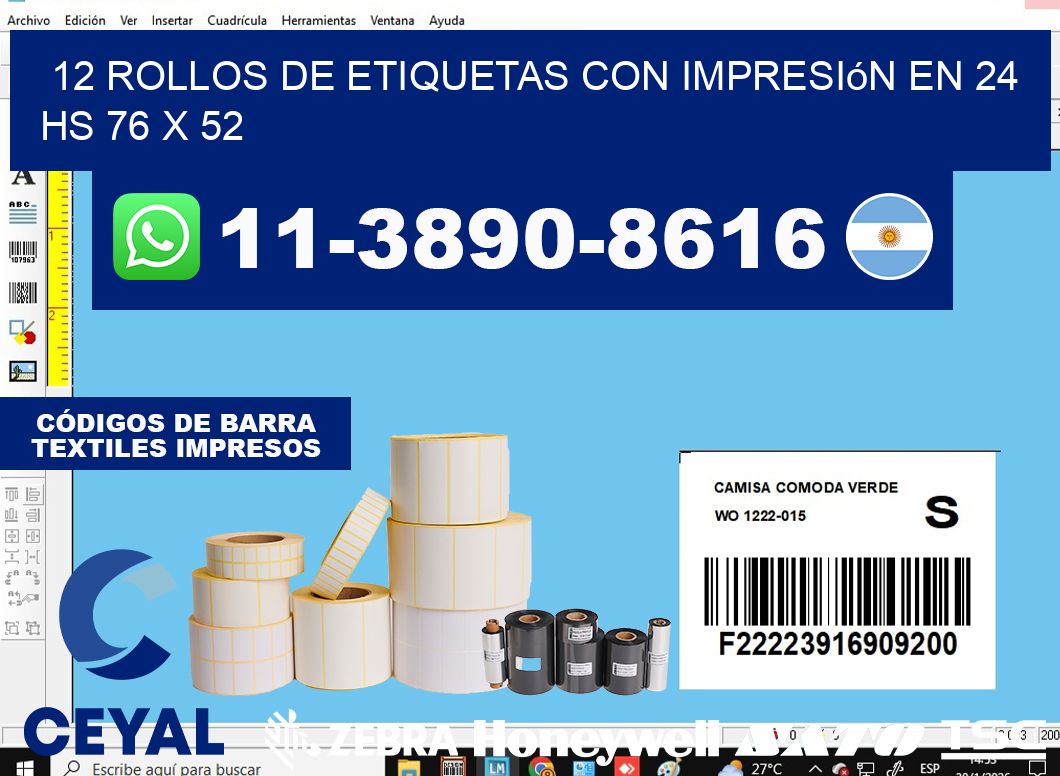 12 rollos de etiquetas con impresión en 24 hs 76 x 52