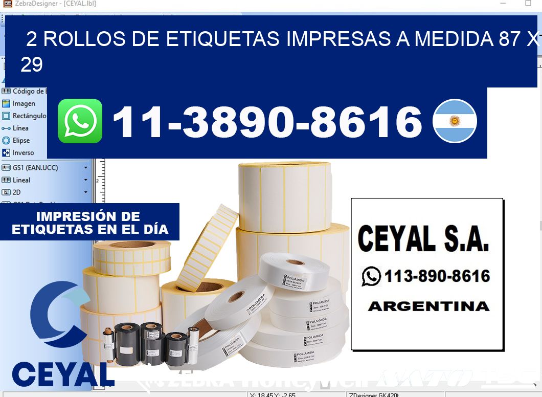 2 rollos de etiquetas impresas a medida 87 x 29