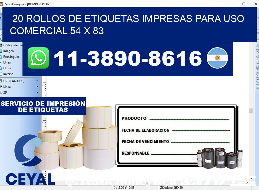 20 rollos de etiquetas impresas para uso comercial 54 x 83