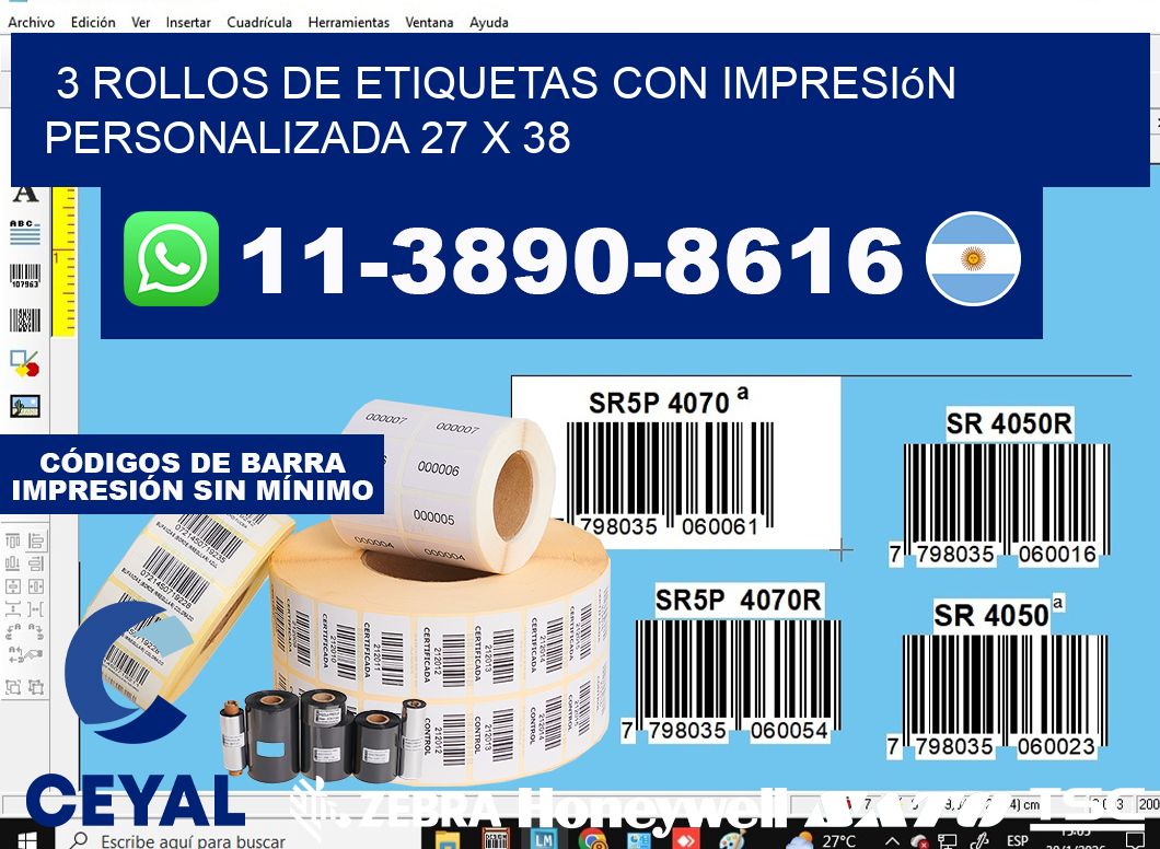 3 rollos de etiquetas con impresión personalizada 27 x 38