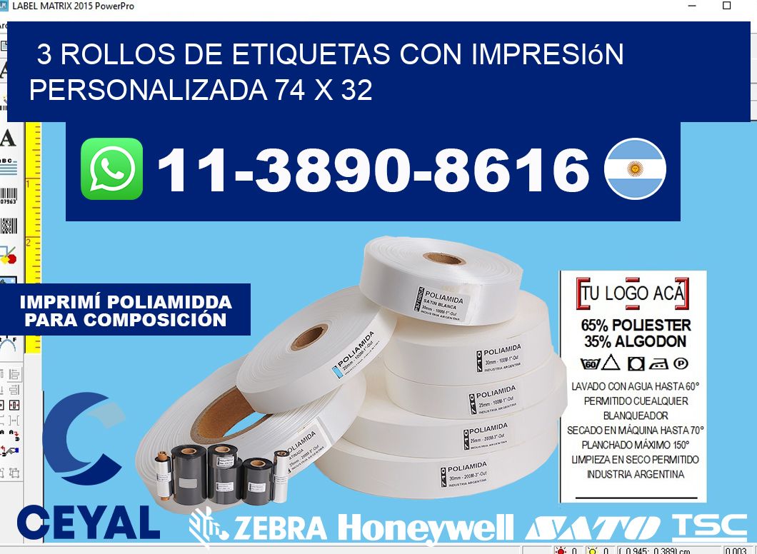 3 rollos de etiquetas con impresión personalizada 74 x 32