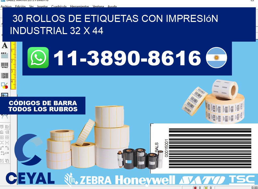 30 rollos de etiquetas con impresión industrial 32 x 44
