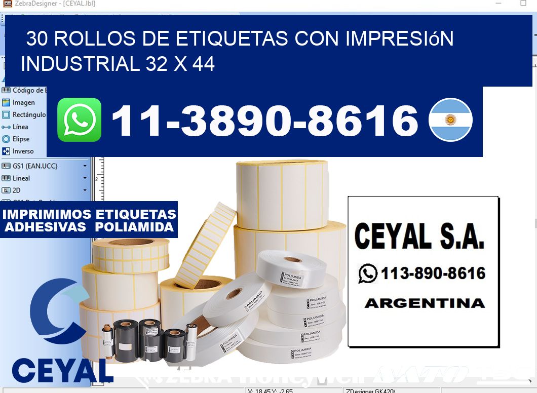 30 rollos de etiquetas con impresión industrial 32 x 44