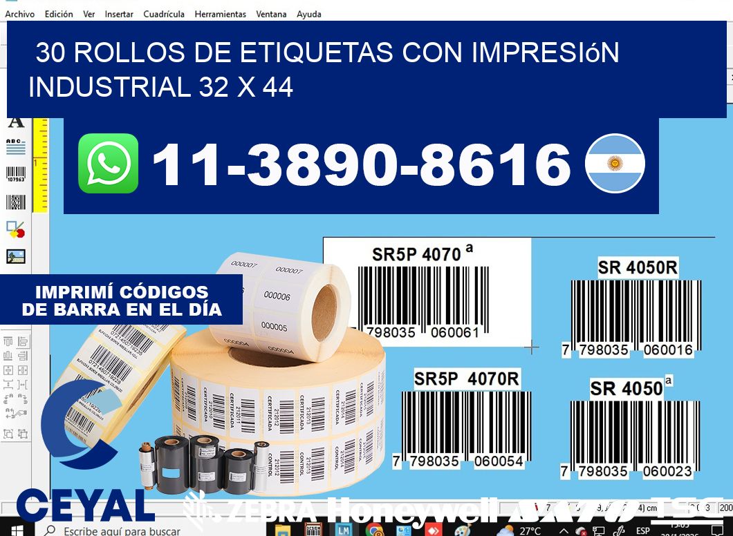 30 rollos de etiquetas con impresión industrial 32 x 44