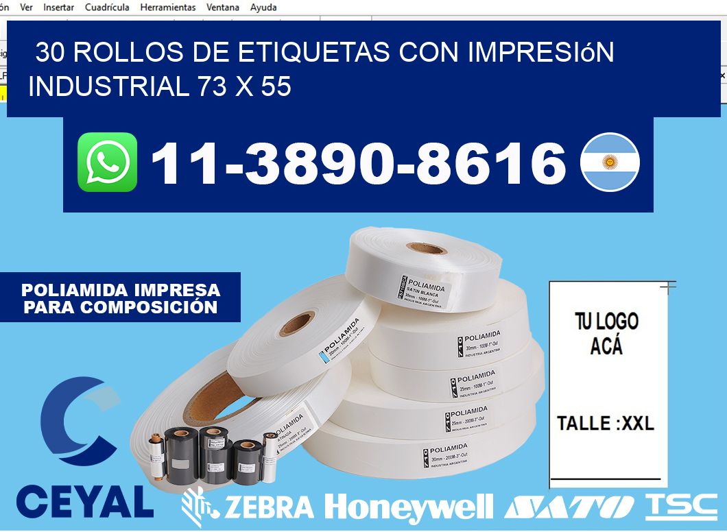 30 rollos de etiquetas con impresión industrial 73 x 55