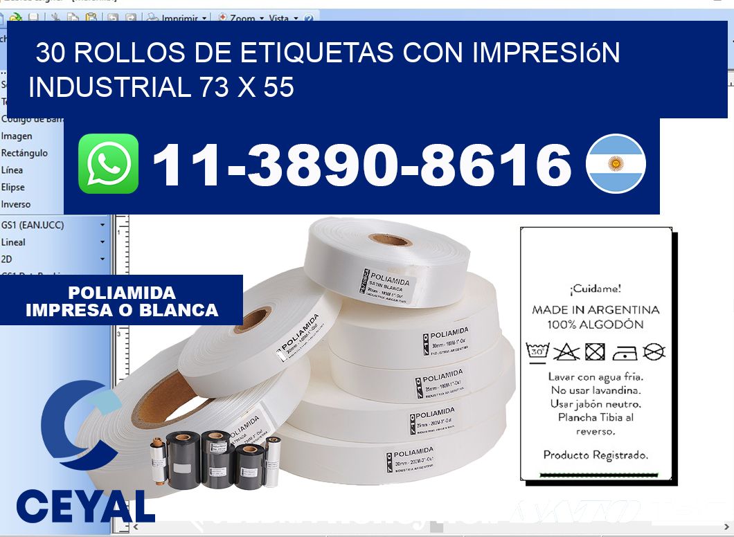 30 rollos de etiquetas con impresión industrial 73 x 55