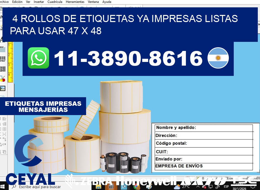 4 rollos de etiquetas ya impresas listas para usar 47 x 48