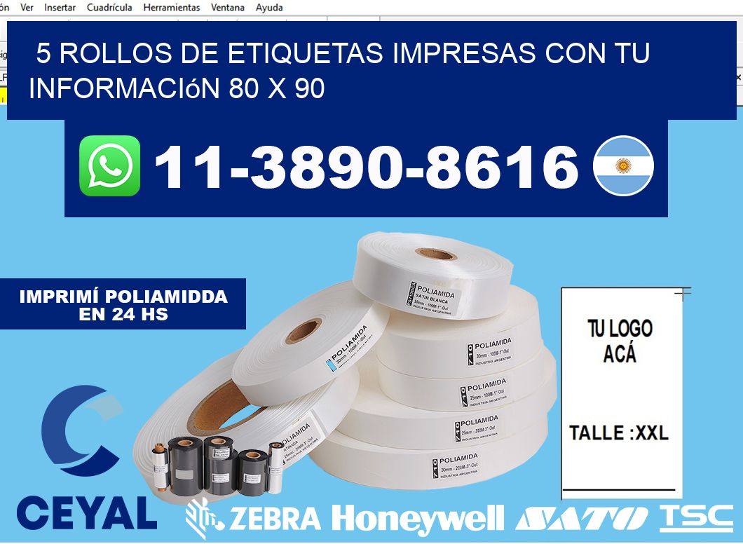 5 rollos de etiquetas impresas con tu información 80 x 90