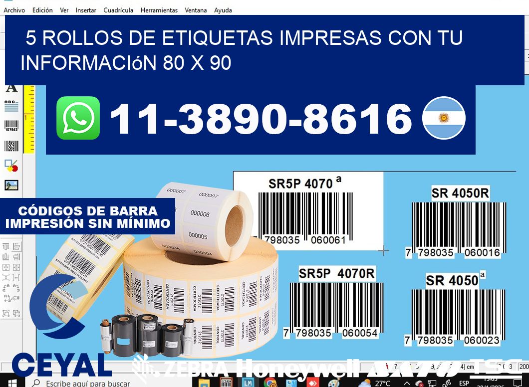 5 rollos de etiquetas impresas con tu información 80 x 90