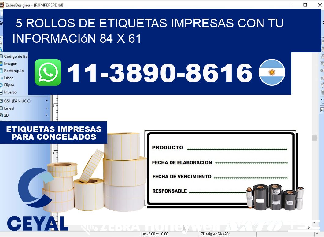 5 rollos de etiquetas impresas con tu información 84 x 61