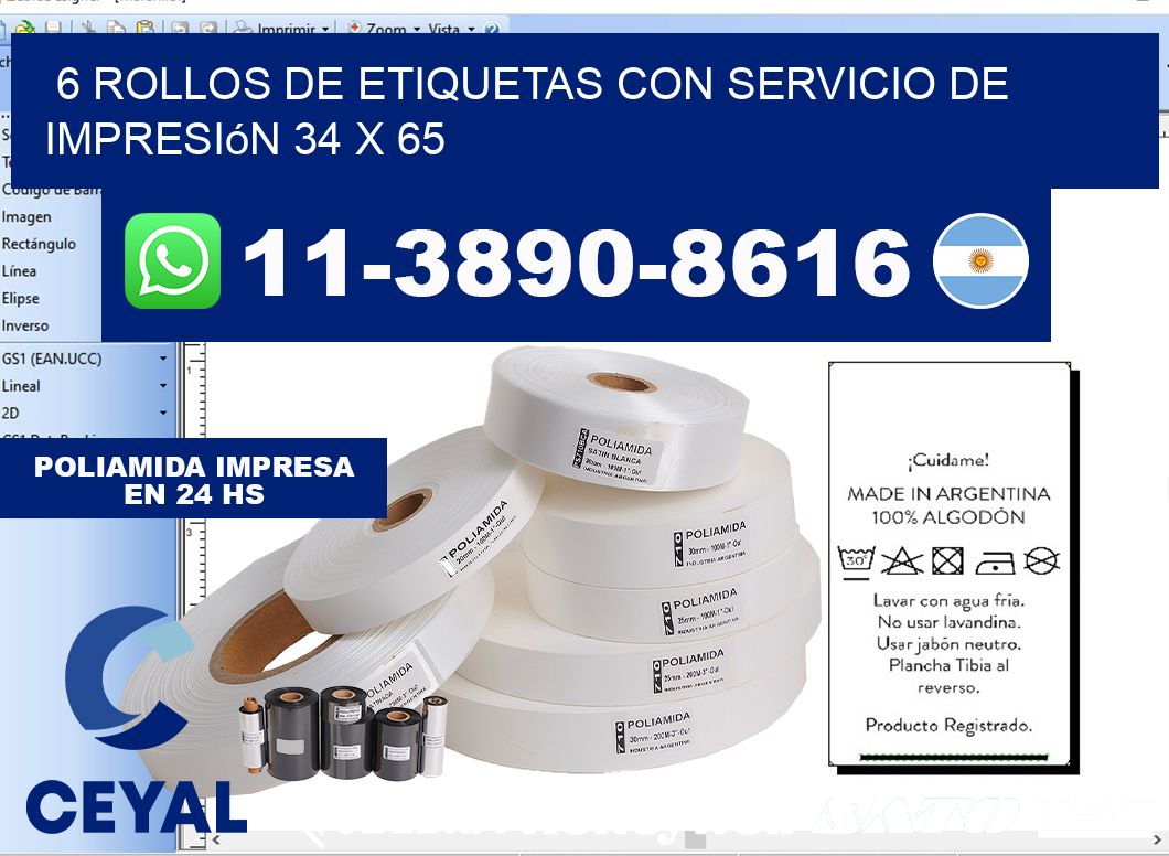 6 rollos de etiquetas con servicio de impresión 34 x 65