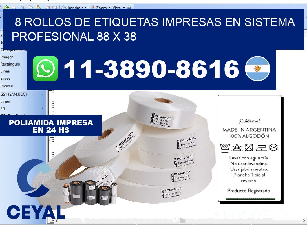 8 rollos de etiquetas impresas en sistema profesional 88 x 38