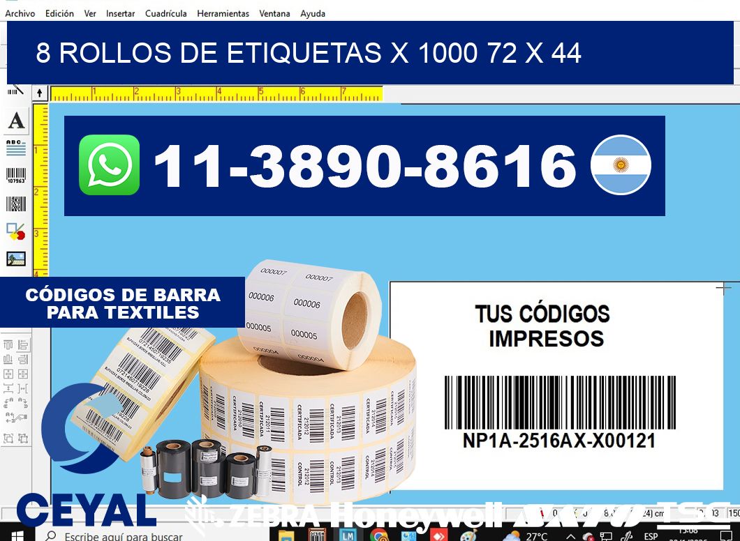 8 rollos de etiquetas x 1000 72 x 44