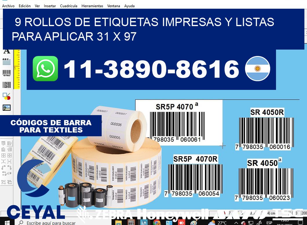 9 rollos de etiquetas impresas y listas para aplicar 31 x 97
