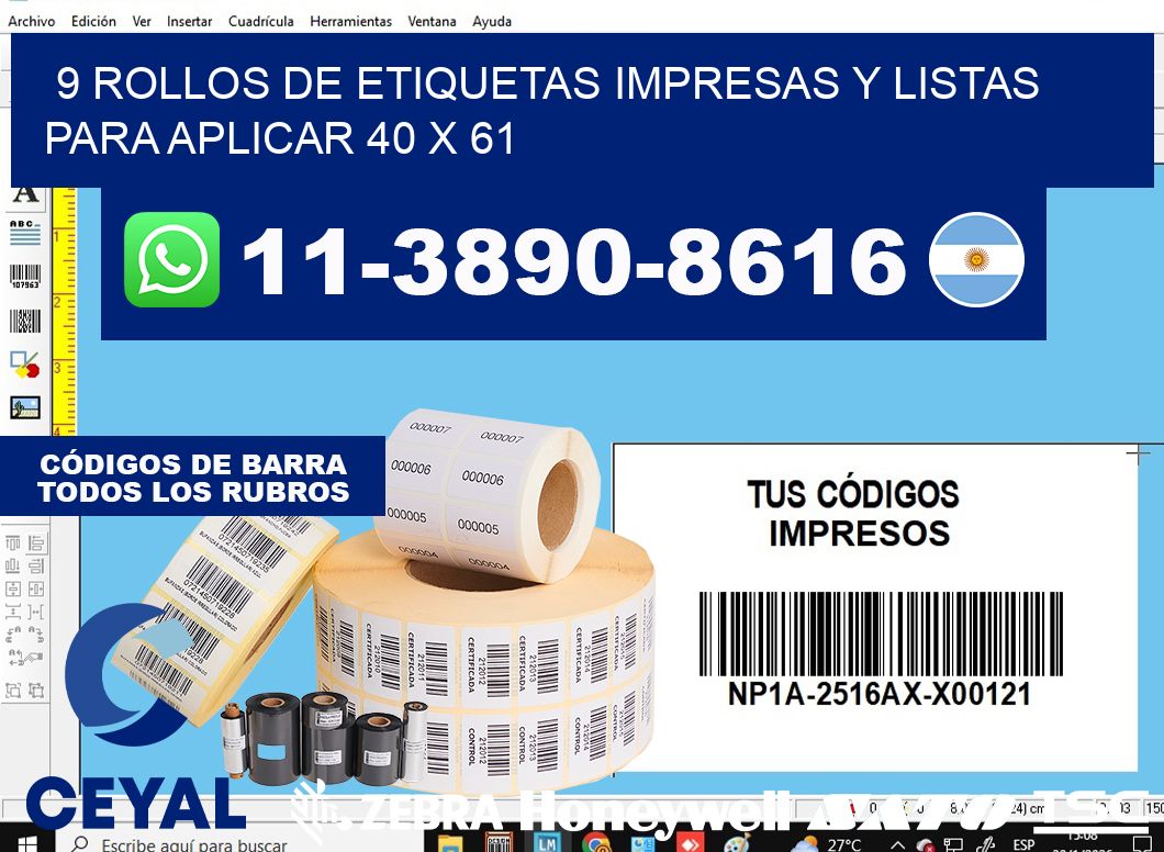 9 rollos de etiquetas impresas y listas para aplicar 40 x 61