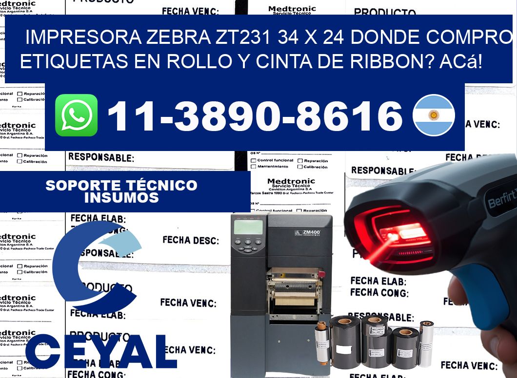 impresora zebra zt231 34 x 24 Donde compro etiquetas en rollo y cinta de ribbon? Acá!