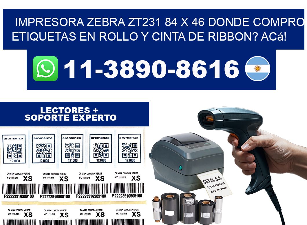 impresora zebra zt231 84 x 46 Donde compro etiquetas en rollo y cinta de ribbon? Acá!